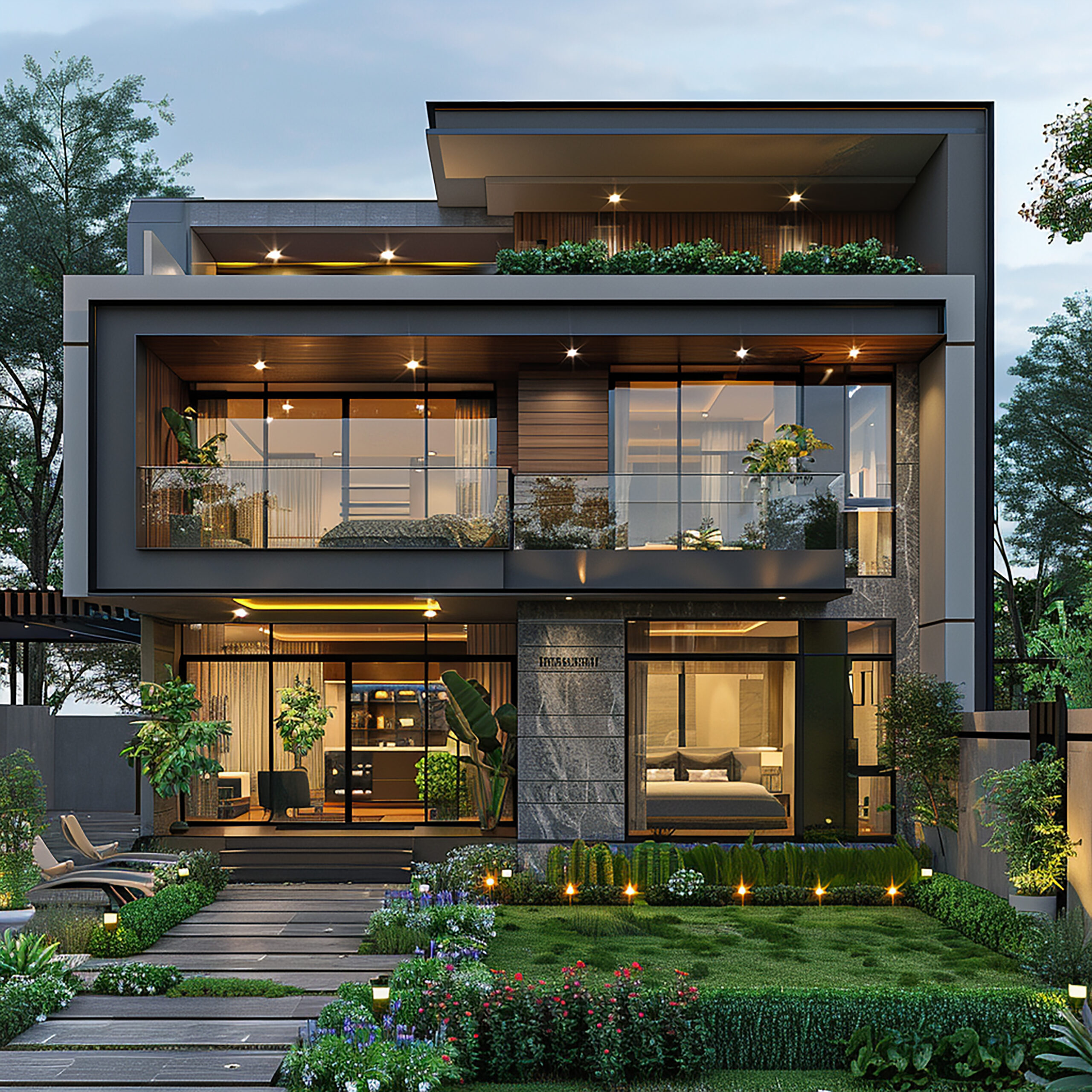 house with lot windows garden with flowers front